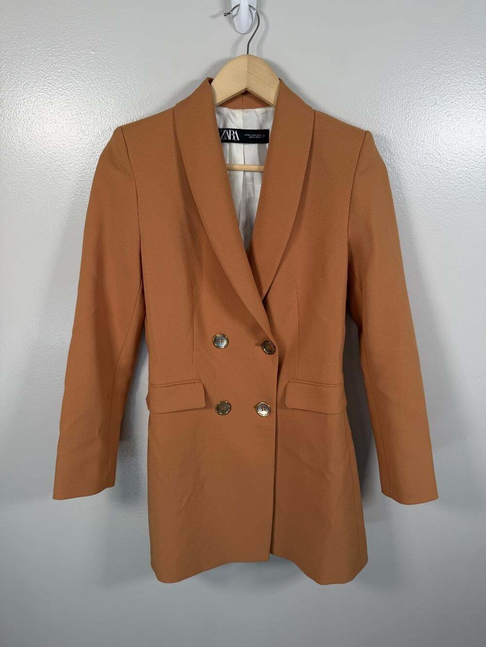 Zara Double Breasted Tailored Frock Coat Blazer Jacket XS Camel Brown Career